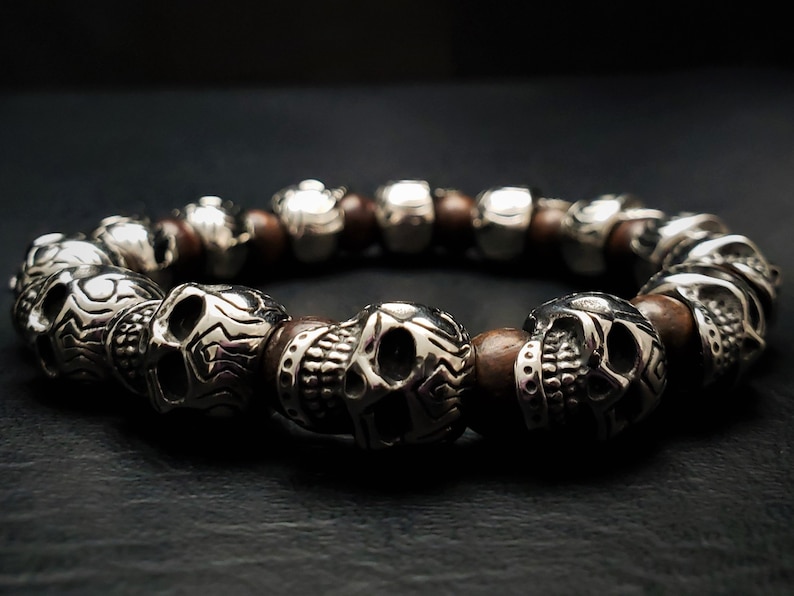 Men's Black Volcanic Lava Rock Bead Bracelet | 8mm Beads With Stainless Steel Skull Charms & Curb Chain - View #2