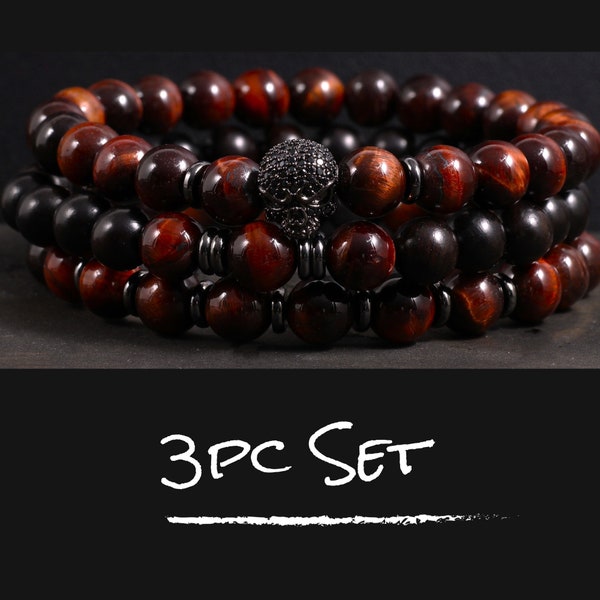 Mens Skull Beaded Bracelet 3pc Set - Natural Gemstone Stretch Bracelets | Red Tiger's Eye - Ebony Wood | Courage, Strength & Protection