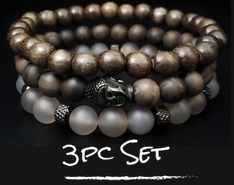 Buddha Beaded Bracelet 3pc Set | Natural Gemstone Meditation / Prayer Bracelets | Coffee Jasper - Gray Agate - Greywood | Clarity & Strength