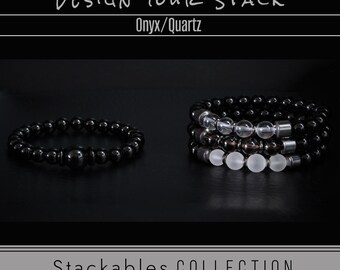Build Your Stack Mens Bead Bracelets Natural Gemstones Stretch Bracelet Set | Black Lava | Smoky / Clear Quartz |Mix & Match Your Favorites!