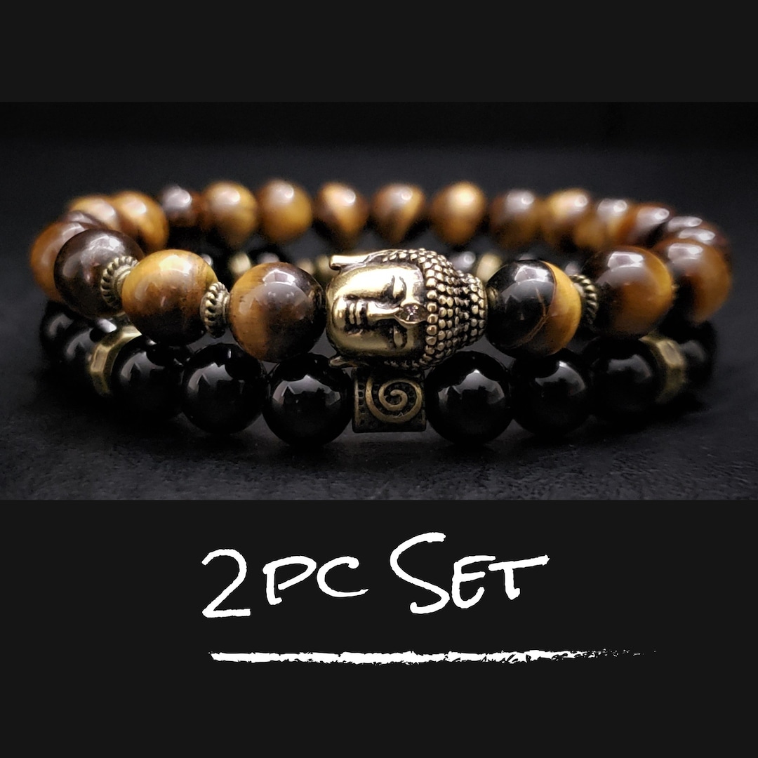 Mens Beaded Buddha Bracelet 2pc Set| Natural Gemstone