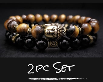 Mens Beaded Buddha Bracelet 2pc Set| Natural Gemstone Stretch Bracelets |Tiger Eye - Onyx | Meditation Prayer | Clarity, Wisdom & Protection