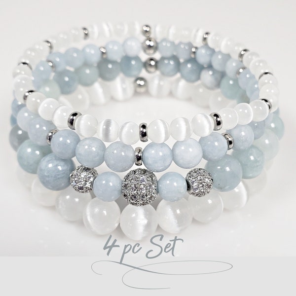 Womens Bead Bracelet 4pc Set - Natural Gemstone Stretch Bracelets | Aquamarine - Moroccan Selenite | Serenity, Wisdom & Insight