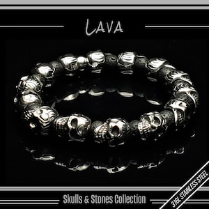 Mens Marine Grade Stainless Steel Skull Stretch Bracelet - 8mm Natural Black Lava Gemstones | Bonus Storage Display Case Included
