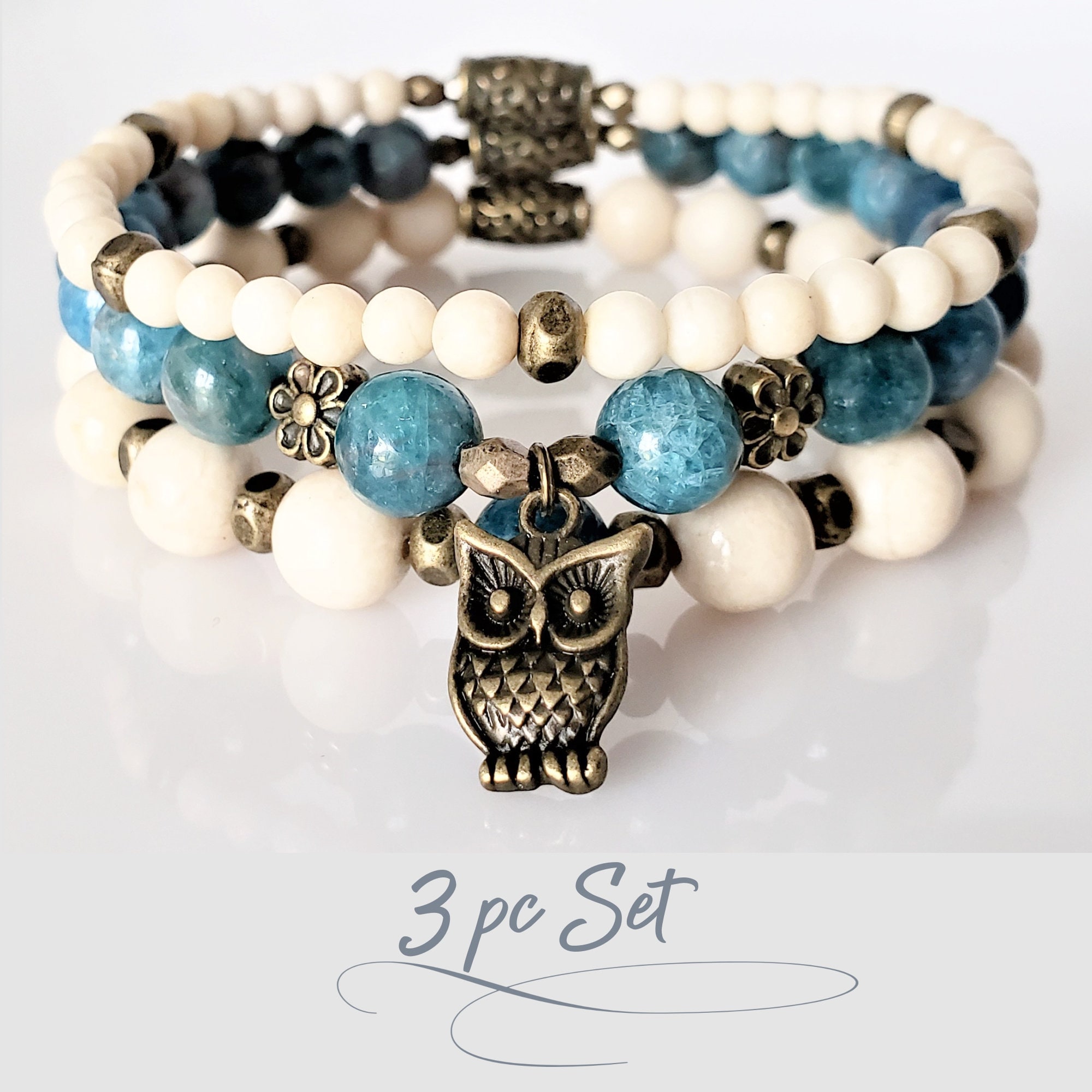 Womens Owl Bead Bracelet 3pc Set - Natural Gemstone Stretch Bracelets | Apatite - Riverstone Jasper|