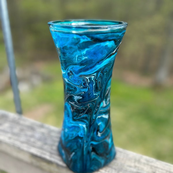 Stormy Sea - 9.5" Resin/Alcohol Ink Covered Glass Vase