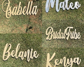 May include: Five wooden signs with cursive lettering. The signs read "Isabella", "Mateo", "Bridal Tribe", "Belanie", and "Kenya".