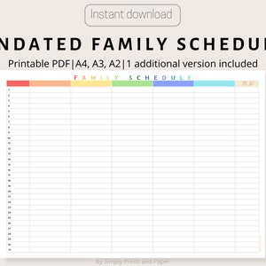 Colorful Family Wall Planner, Printable Family Planner, Monthly Undated Family Schedule, A4 A3 A2