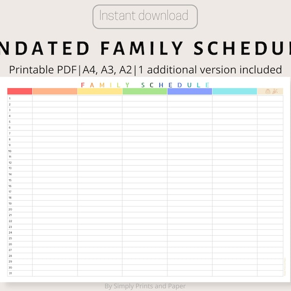 Colorful Family Wall Planner, Printable Family Planner, Monthly Undated Family Schedule, A4 A3 A2