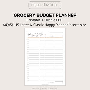Grocery Budget Planner, Printable Food Budget, Digital Grocery Budget Planner, Fillable PDF A4, US Letter, Classic Happy Planner