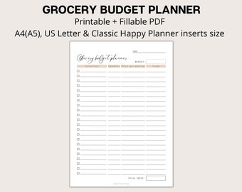 Printable Grocery Budget Planner: Fillable PDF, A4, US Letter