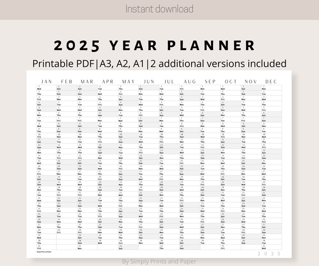 2025 Classic Wall Calendar Printable Yearly Planner Black & White Large Wall Calendar Print A3, A2, A1 Annual Planner Horizontal - Etsy