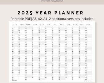 2025 Classic Wall Calendar | Printable Yearly Planner | Black & White Large Wall Calendar Print | A3, A2, A1 | Annual Planner | Horizontal