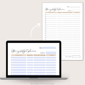 May include: A printable grocery budget planner with a light blue background and a tan header. The planner has columns for groceries, quantity, price per unit/kg, and total. The planner also has a space for the date, budget, and total spent.