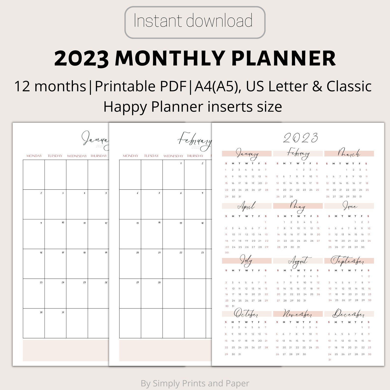 2023 Planner Year at a Glance Calendar Monthly Printable - Etsy Sweden