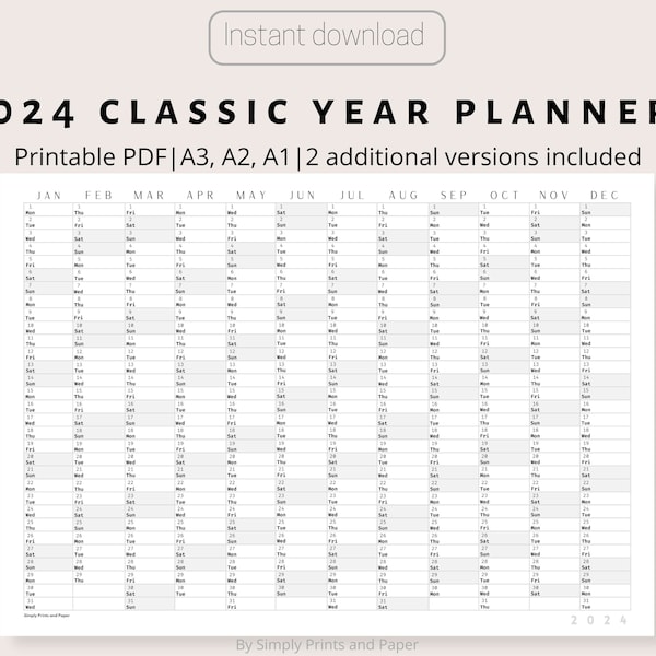 2024 Classic Wall Calendar | Printable Yearly Planner | Black & White Large Wall Calendar Print | A3, A2, A1 | Annual Planner | Horizontal