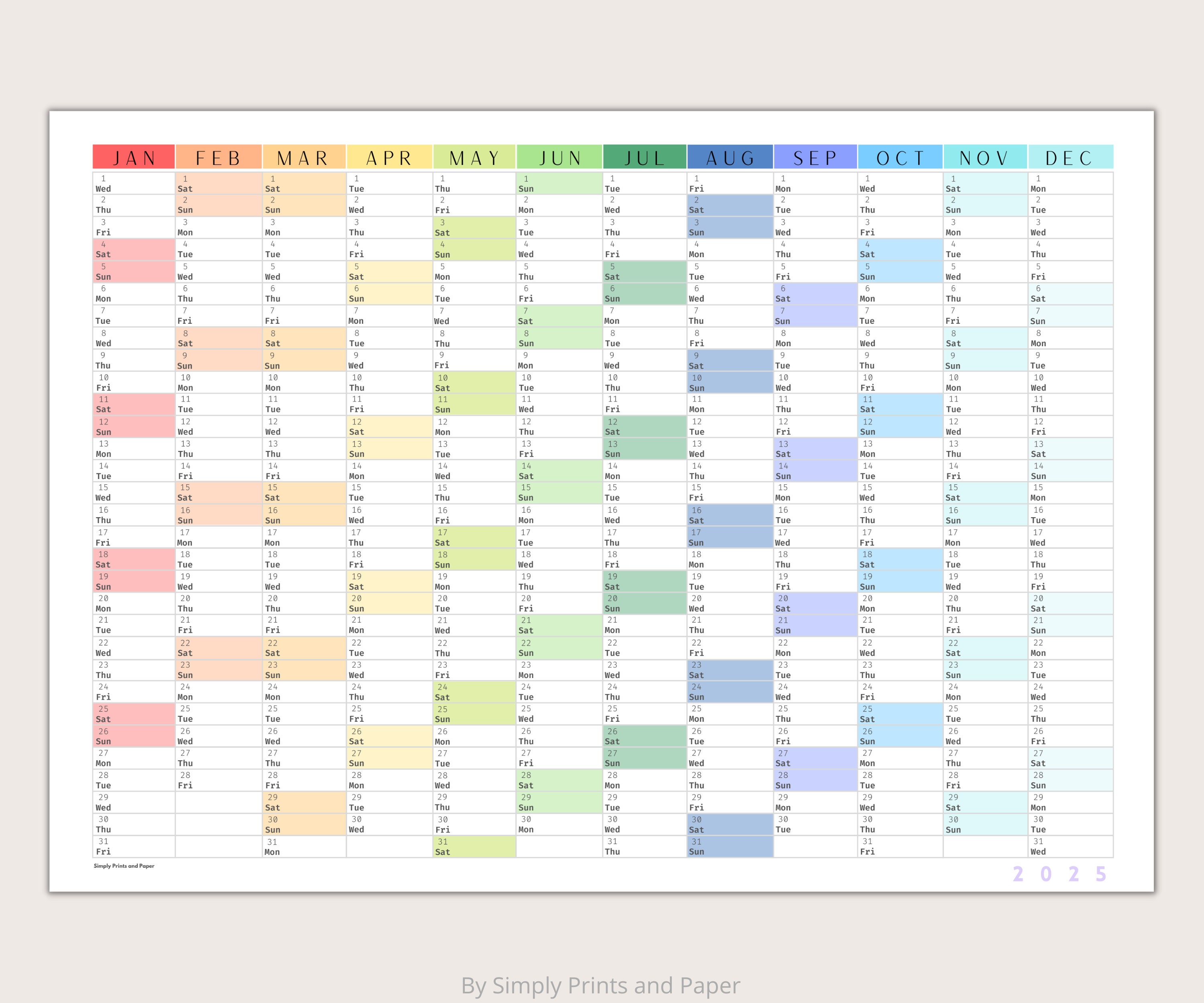 2025 Colorful Wall Calendar | Printable Yearly Planner | Large Wall ...