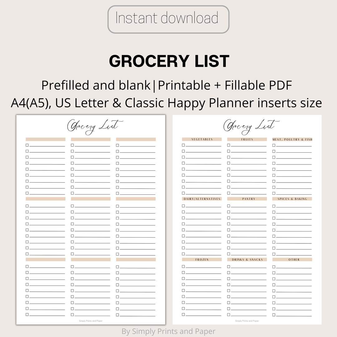 Printable Grocery List: Fillable Shopping Planner (A4, US Letter) - Etsy