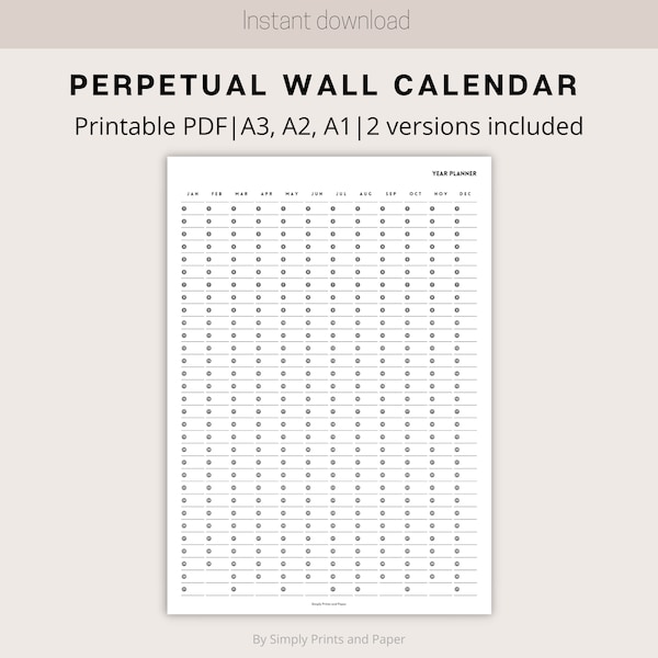 Perpetual Wall Calendar | Large Forever Calendar | Undated Annual Calendar | Printable Birthday Calendar | A3, A2, A1 Year  Planner