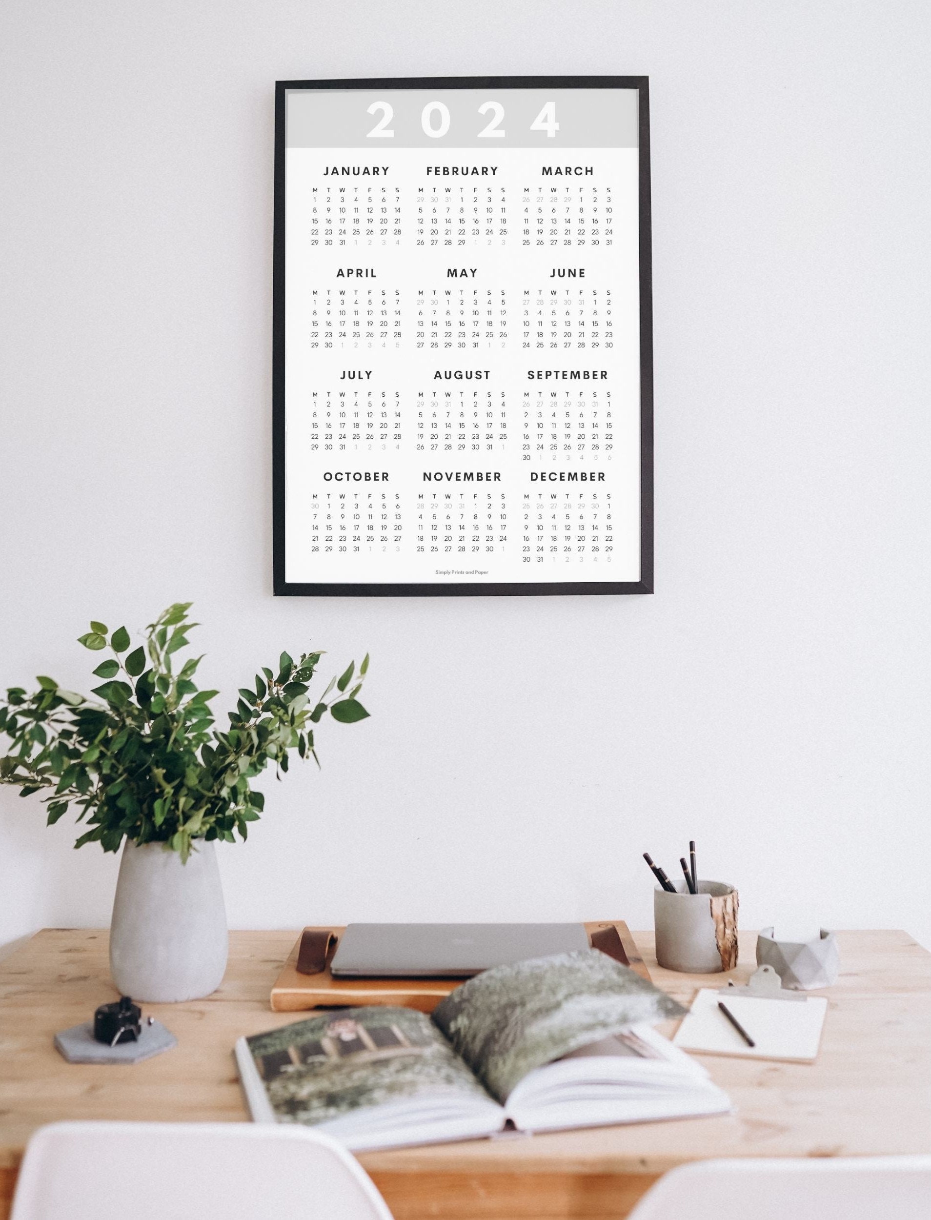 2024 Classic Wall Calendar Printable Yearly Planner Grey Large Wall