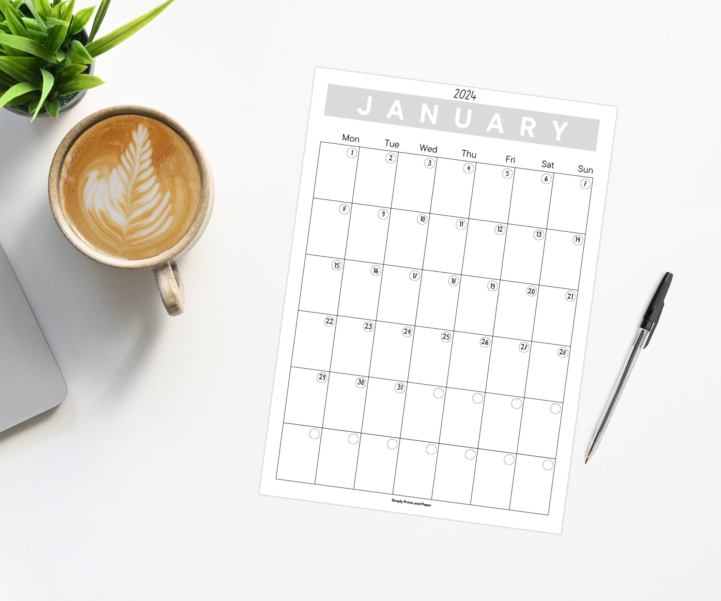 2024 Classic Wall Calendar Printable Yearly Planner Grey Large Wall