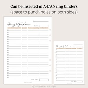 May include: Printable grocery budget planner with a beige and white color scheme. The planner has sections for groceries, quantity, price per unit, and total. It is designed to be inserted into A4 or A5 ring binders.