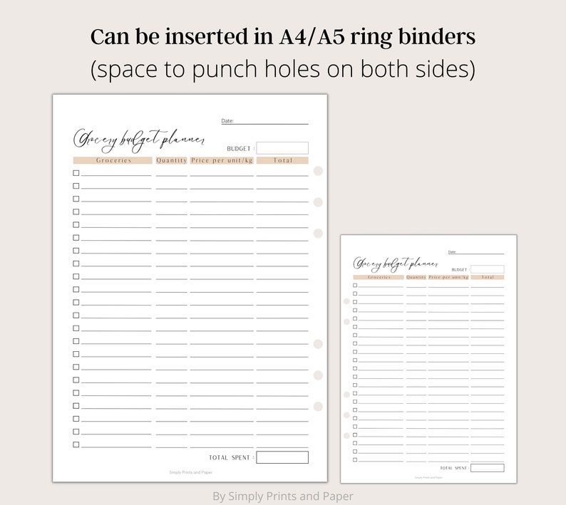May include: Printable grocery budget planner with a beige and white color scheme. The planner has sections for groceries, quantity, price per unit, and total. It is designed to be inserted into A4 or A5 ring binders.