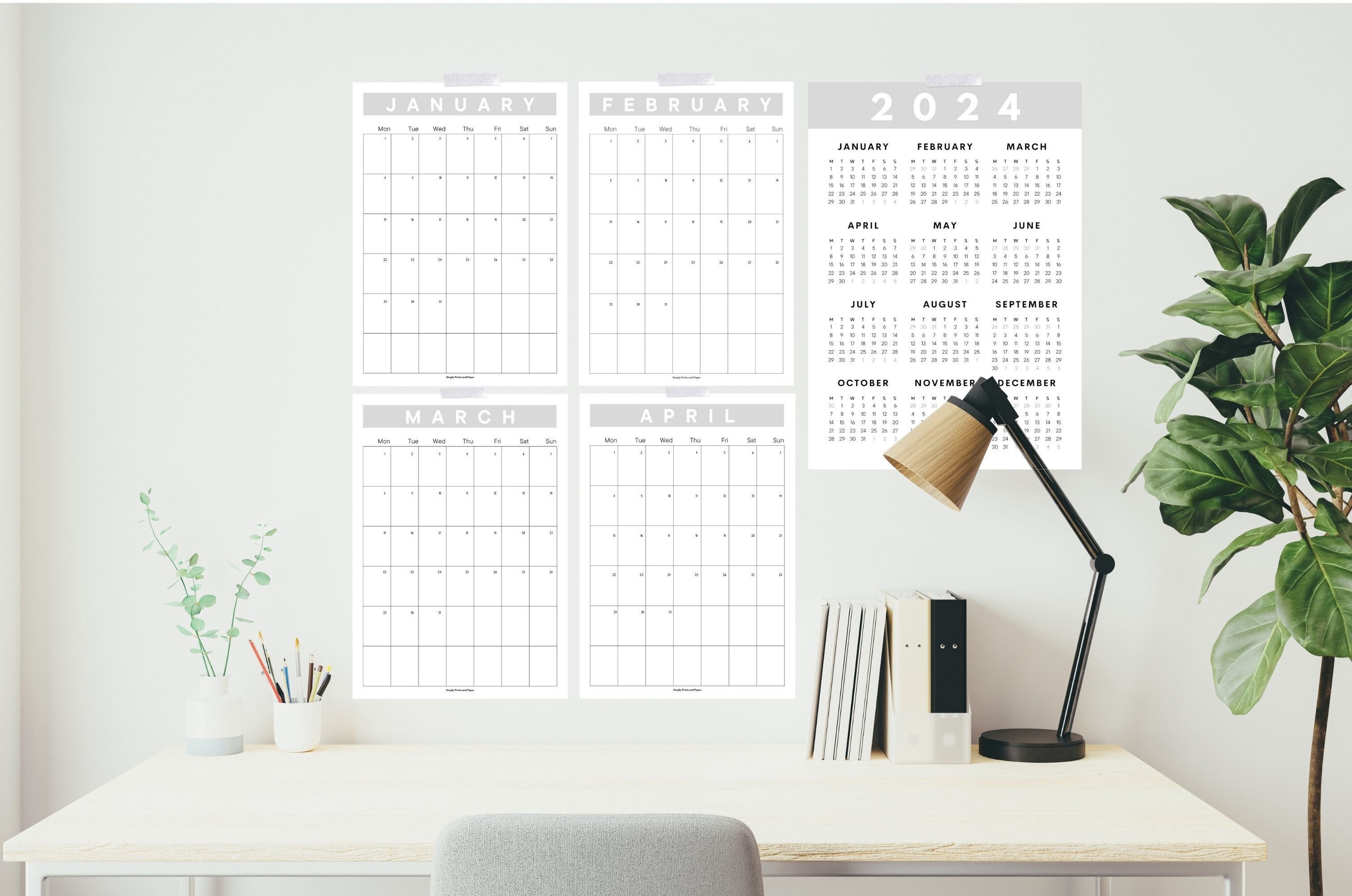 2024 Classic Wall Calendar Printable Yearly Planner Grey Large Wall