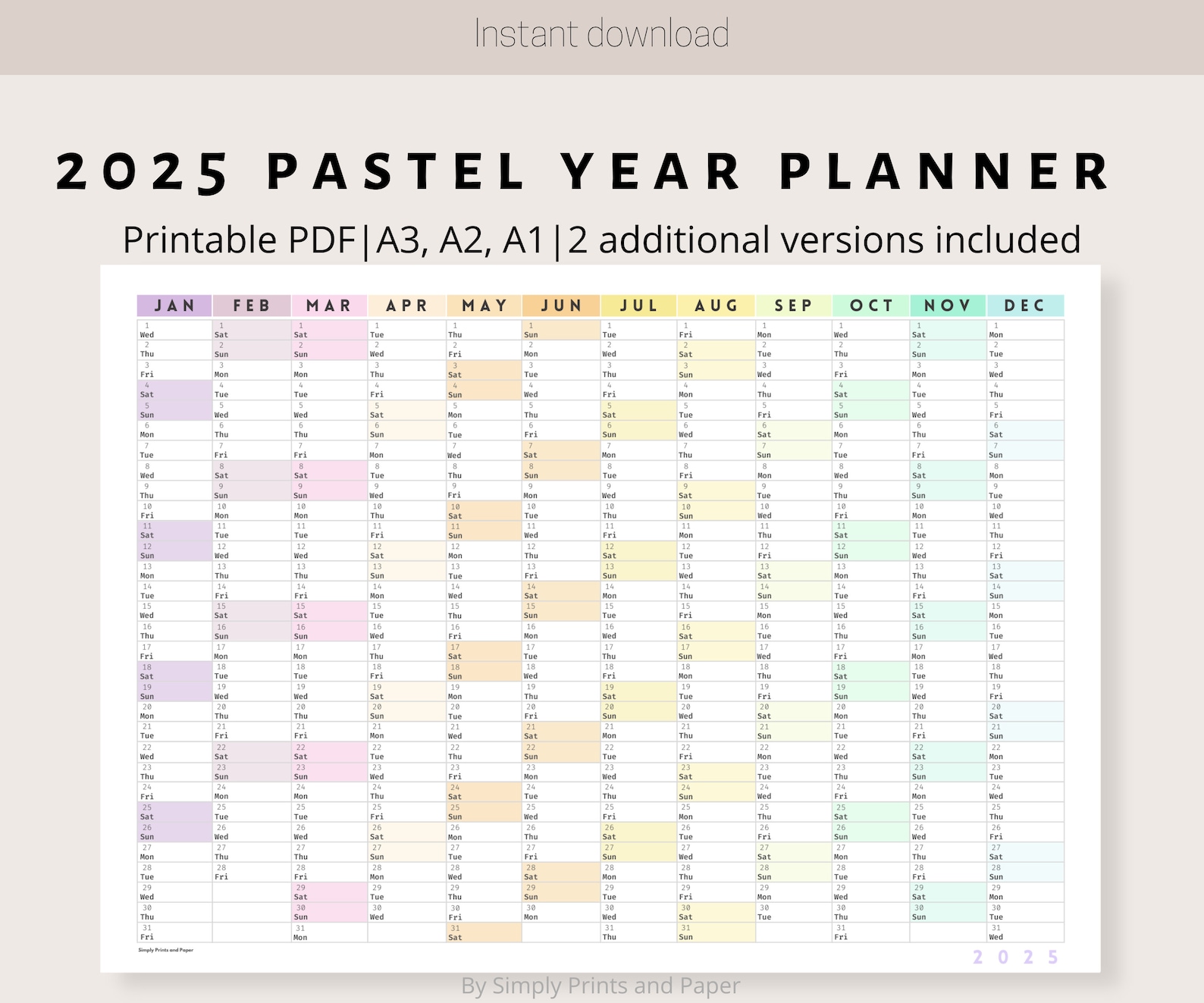 2025 Colorful Pastel Wall Calendar | Printable Yearly Planner | Large ...