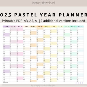 Calendario de pared pastel colorido 2025 / Planificador anual imprimible / Impresión de calendario de pared grande / A3, A2, A1 / Planificador anual / Horizontal