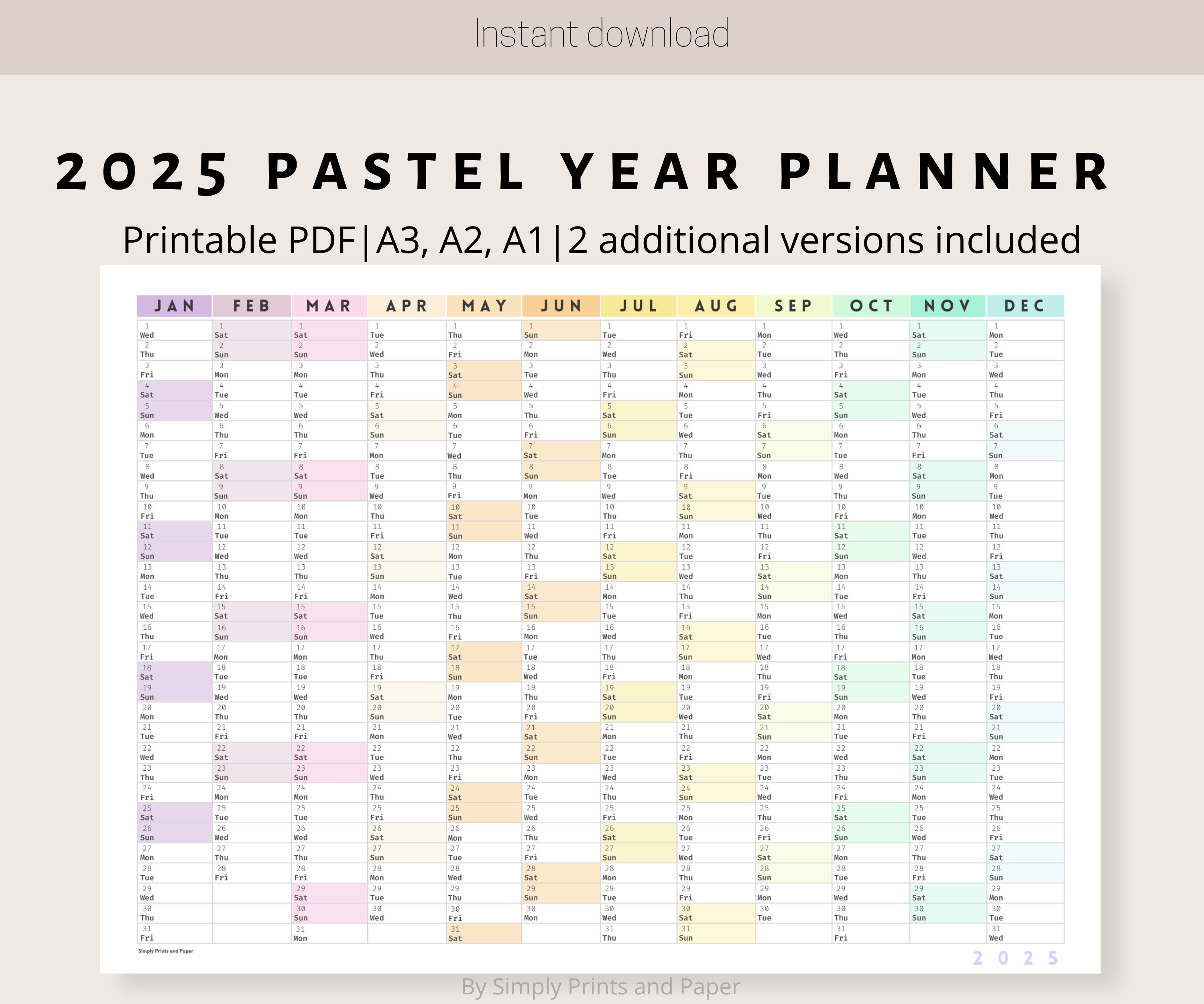 2025 Colorful Pastel Wall Calendar Printable Yearly Planner Large Wall Calendar Print A3, A2, A1