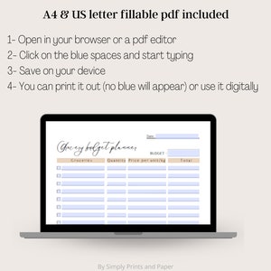 May include: A digital grocery budget planner on a laptop screen. The planner has columns for groceries, quantity, price per unit, and total. The planner is labeled "Grocery Budget Planner" and has a space for the date and budget.