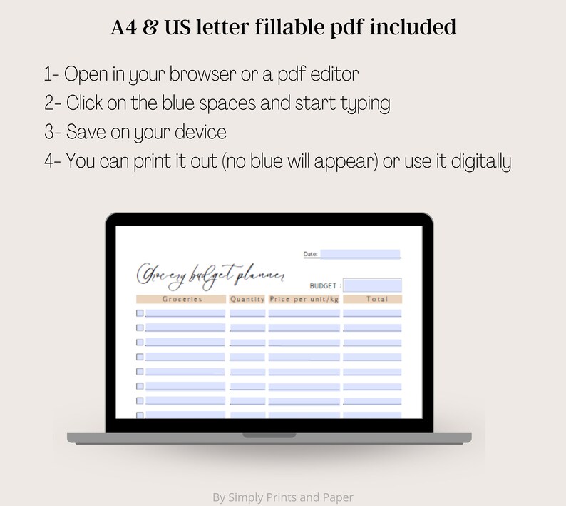 May include: A digital grocery budget planner on a laptop screen. The planner has columns for groceries, quantity, price per unit, and total. The planner is labeled "Grocery Budget Planner" and has a space for the date and budget.