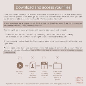 May include: A diagram showing the steps to download and access digital files purchased on Etsy. The steps are: 1. Go to your profile, 2. Download from "Purchases and reviews", 3. Unzip by clicking "Extract all", 4. A new folder is created with the files ready to be printed. The text "Simply Prints Paper" is at the bottom of the diagram.
