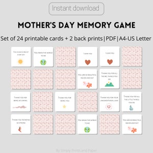 Juego de memoria del Día de la Madre, Regalo imprimible para madres, Tarjetas de gratitud para mamá / PDF A4 Carta de EE. UU.