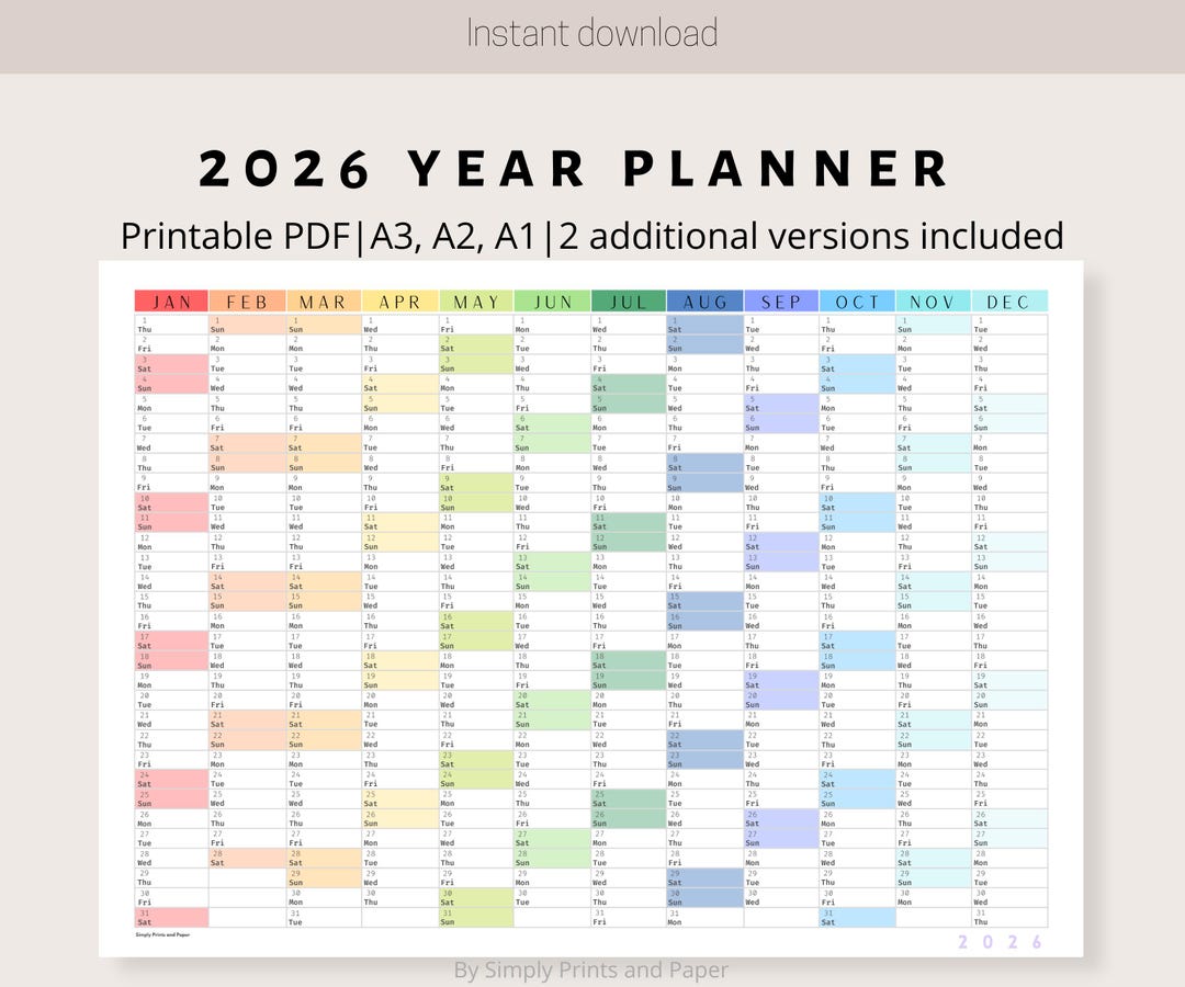 2026 Colorful Wall Calendar Printable Yearly Planner Large Wall