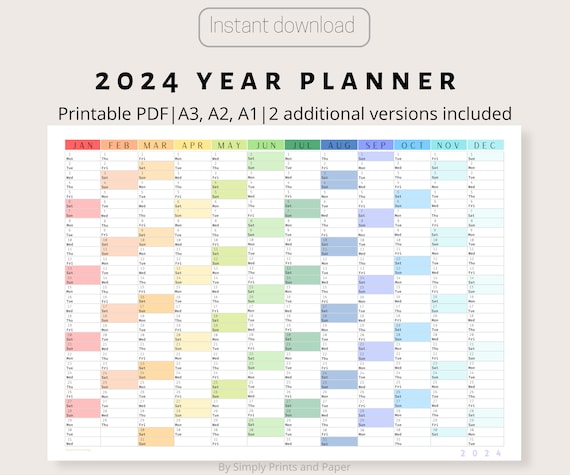 2024 Colorful Wall Calendar Printable Yearly Planner Large Wall
