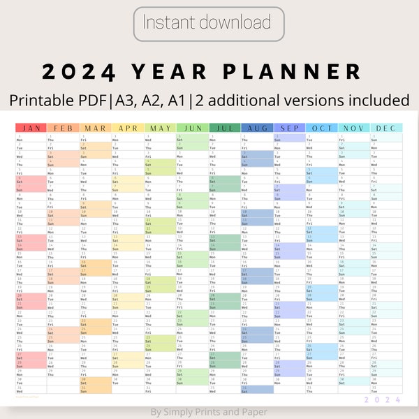 2024 Colorful Wall Calendar | Printable Yearly Planner | Large Wall Calendar Print | A3, A2, A1 | Annual Planner | Horizontal