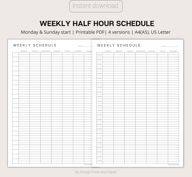Simple Half Hour Weekly Schedule Set, Minimalist Weekly Schedule ...