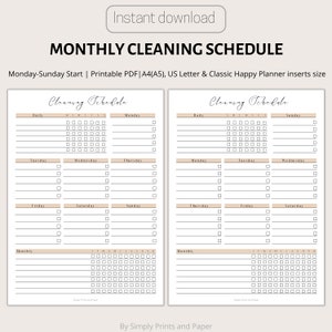 Monthly Cleaning Schedule Printable, Weekly Declutter Planner,  Daily chores PDF | A4, US Letter Classic Happy Planner Inserts
