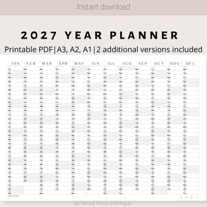 2027 Classic Wall Calendar | Printable Yearly Planner | Black & White Large Wall Calendar Print | A3, A2, A1 | Annual Planner | Horizontal