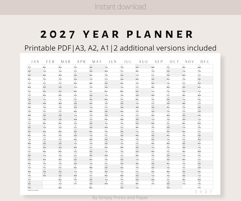 2027 Classic Wall Calendar | Printable Yearly Planner | Black & White