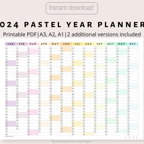 2024 Colorful Pastel Wall Calendar | Printable Yearly Planner | Large Wall Calendar Print | A3, A2, A1 | Annual Planner | Horizontal