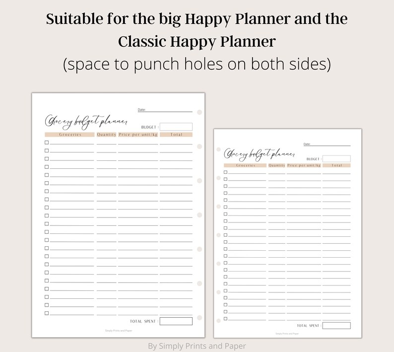 May include: Printable grocery budget planner with space for punching holes on both sides. The planner has sections for groceries, quantity, price per unit, and total. The text "Grocery budget planner" is written in cursive at the top of the page.
