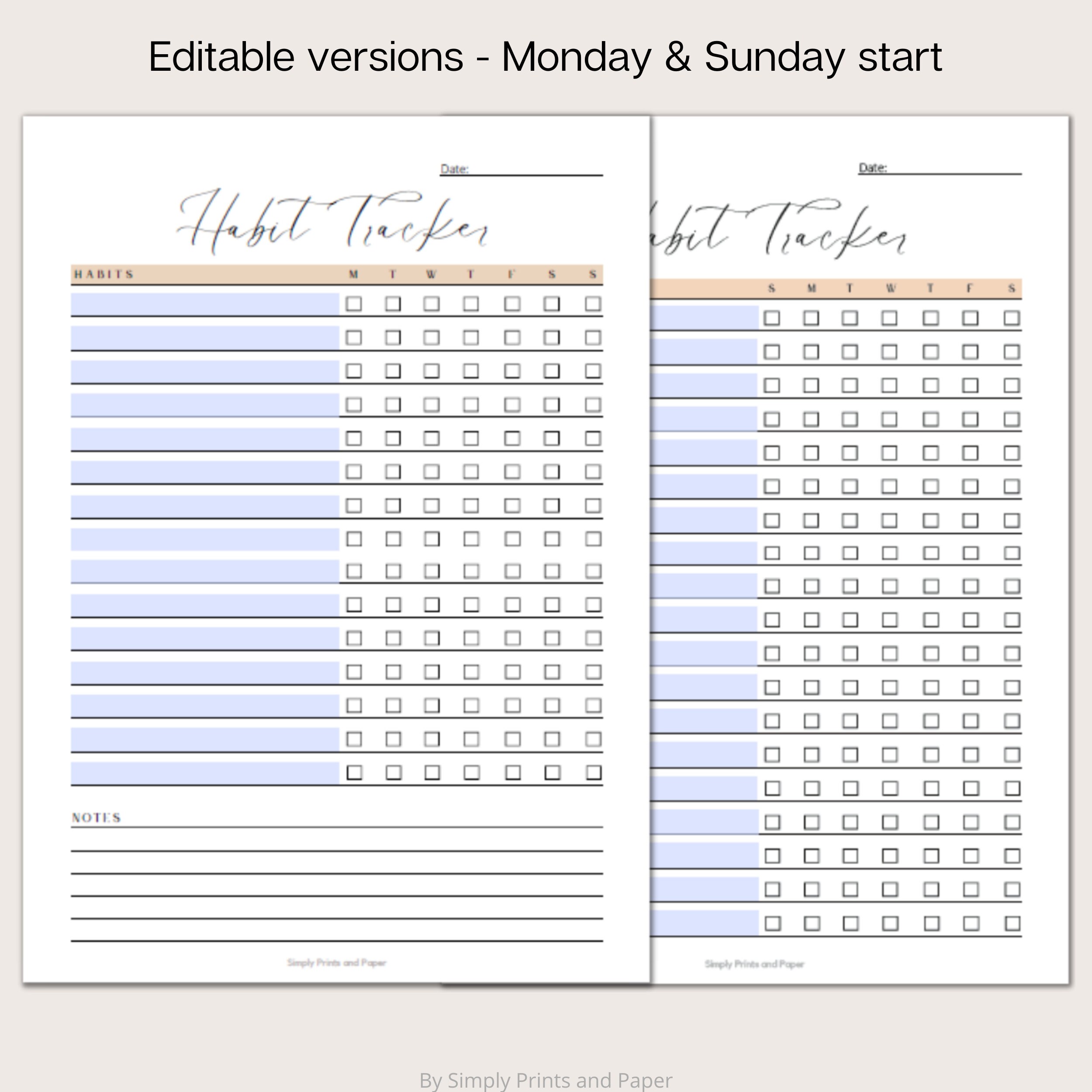 Editable Weekly Habit Tracker, Printable Habit Tracker Template, 7 Day ...