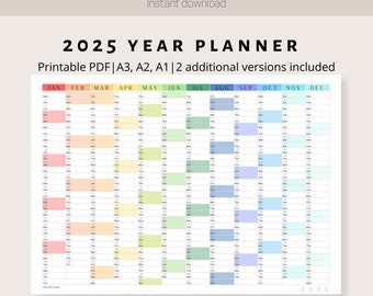 2025 Colorful Wall Calendar | Printable Yearly Planner | Large Wall Calendar Print | A3, A2, A1 | Year at a glance Planner | Horizontal