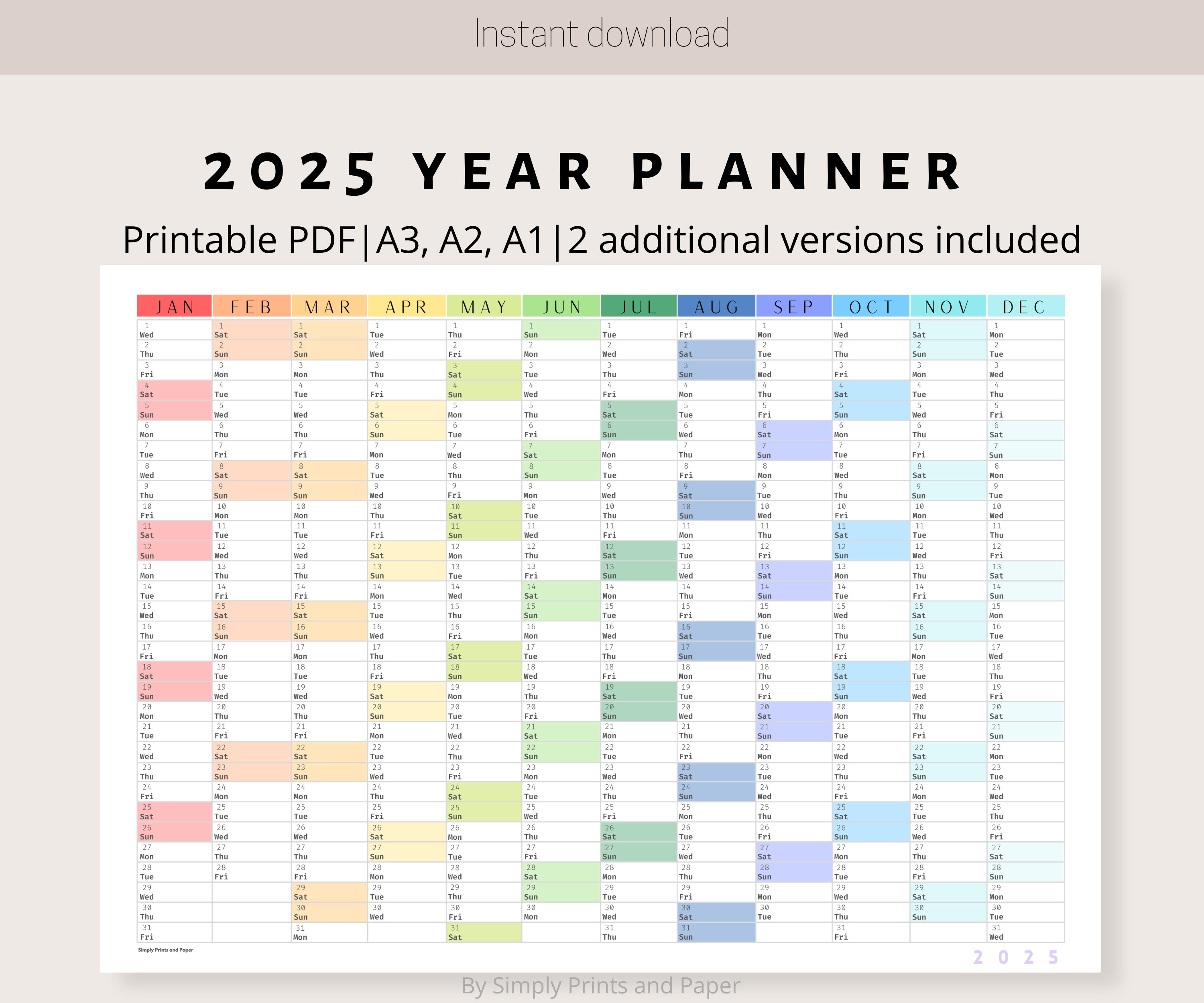 2025 Colorful Wall Calendar Printable Yearly Planner Large Wall