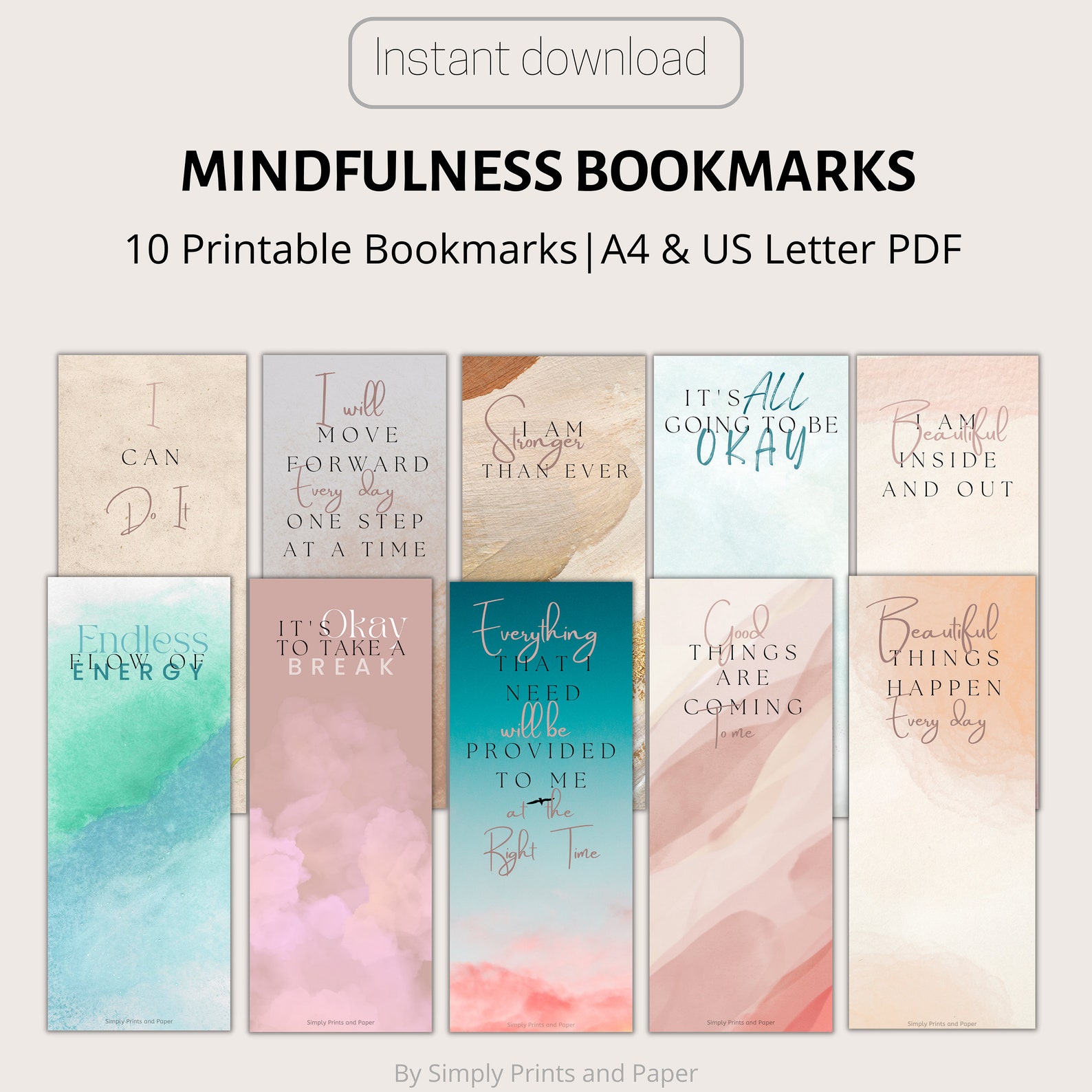 Printable Bookmark Set of 10, Mindfulness Printable Bookmarks Templates