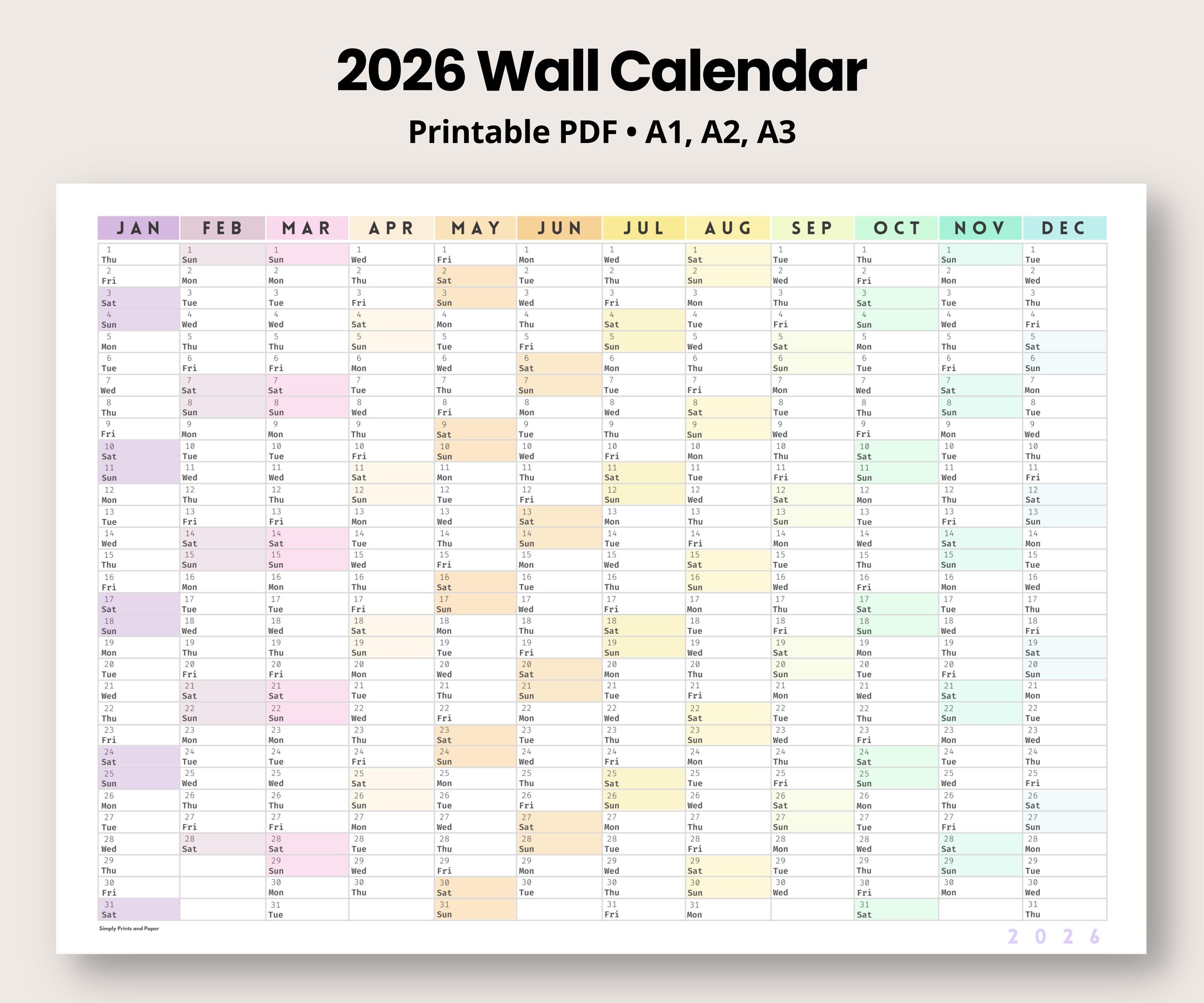 2026 Wall Calendar Printable A1 A2 A3 | Year at a Glance - Etsy