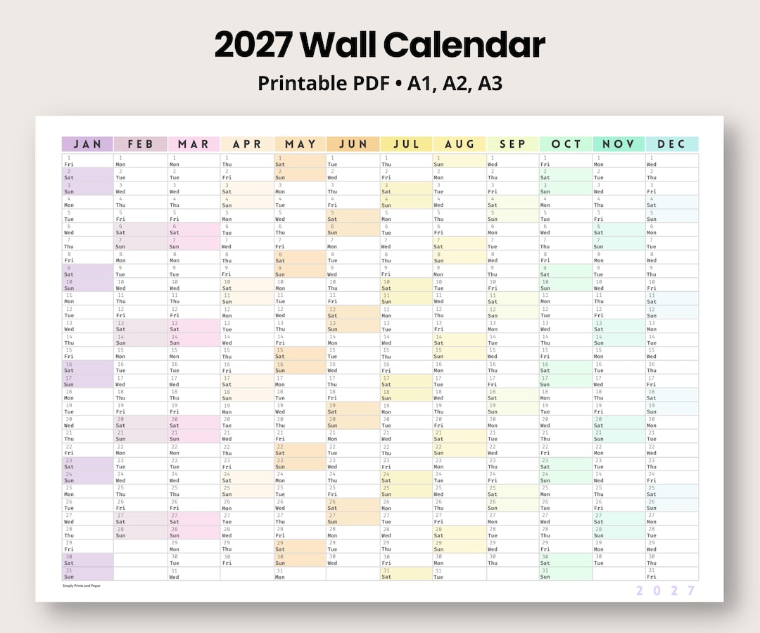 2027 Wall Calendar Printable A1 A2 A3 | Pastel Year at a Glance - Etsy
